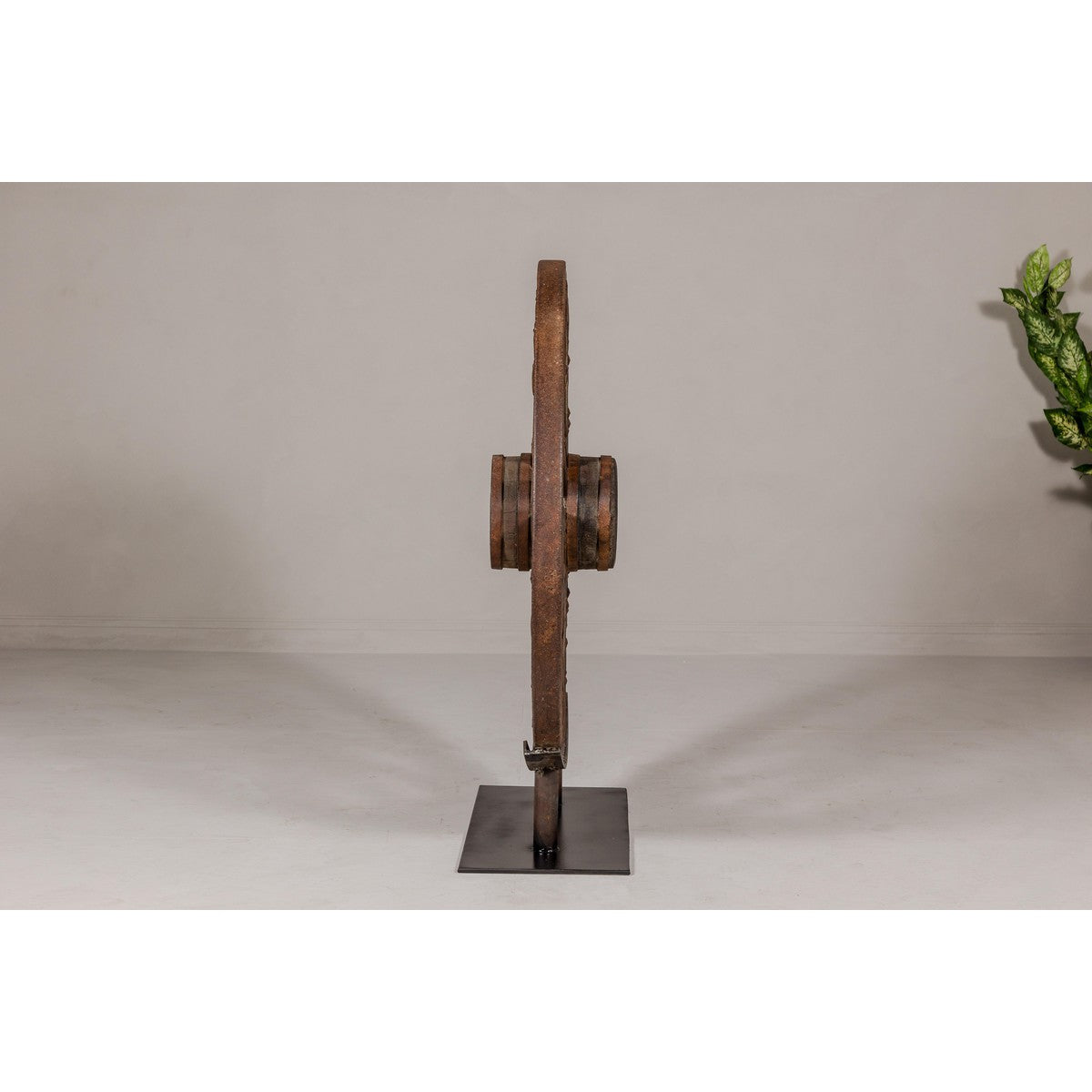 Antique Mounted Wood and Metal Wheel Welded to a Custom Metal Base-11. Asian & Chinese Furniture, Art, Antiques, Vintage Home Décor for sale at FEA Home