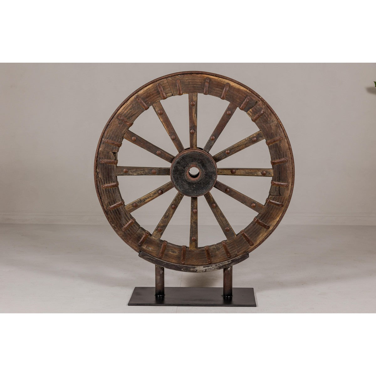 Antique Mounted Wood and Metal Wheel Welded to a Custom Metal Base-12. Asian & Chinese Furniture, Art, Antiques, Vintage Home Décor for sale at FEA Home