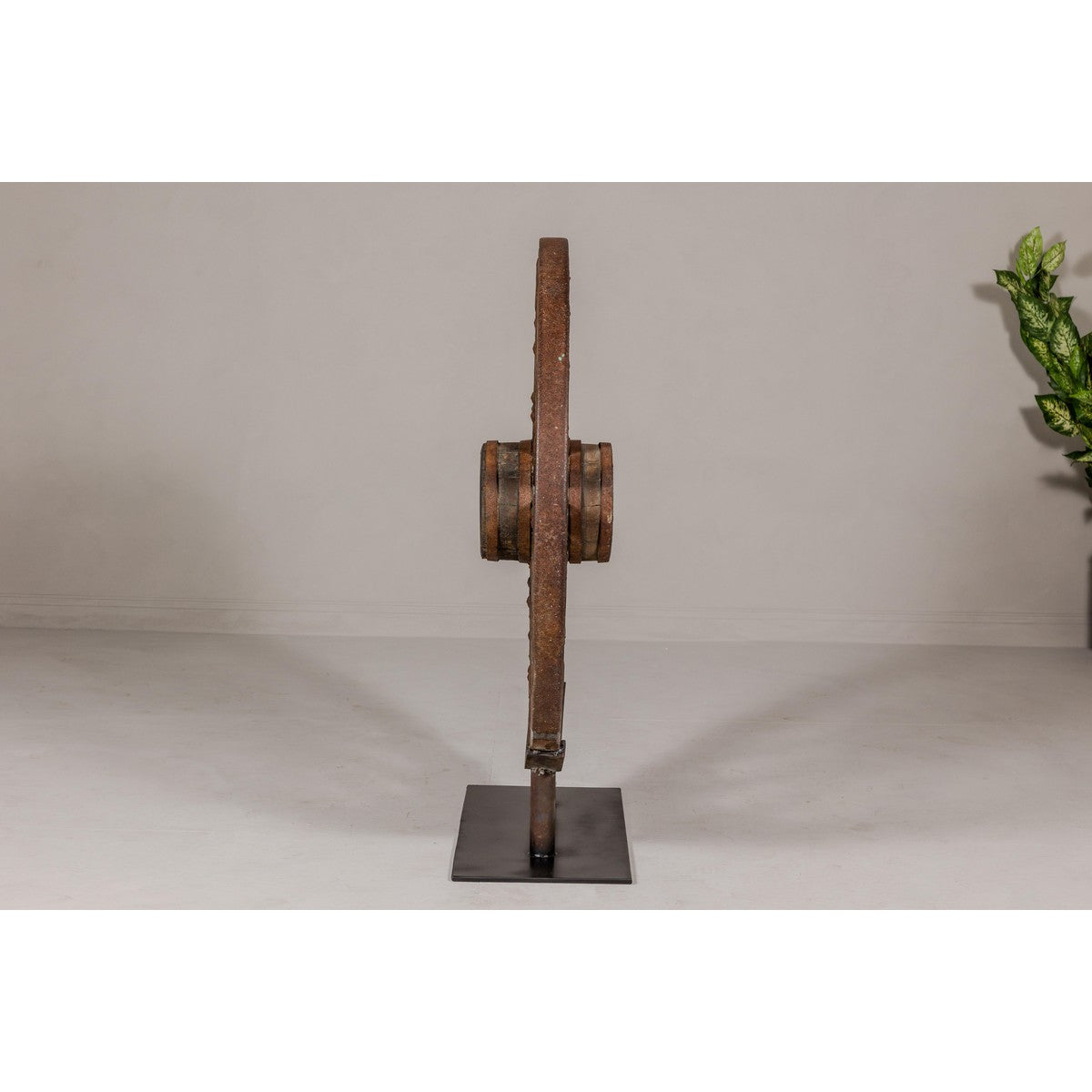 Antique Mounted Wood and Metal Wheel Welded to a Custom Metal Base-13. Asian & Chinese Furniture, Art, Antiques, Vintage Home Décor for sale at FEA Home