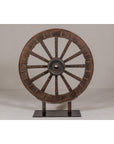 Antique Mounted Wood and Metal Wheel Welded to a Custom Metal Base-2. Asian & Chinese Furniture, Art, Antiques, Vintage Home Décor for sale at FEA Home