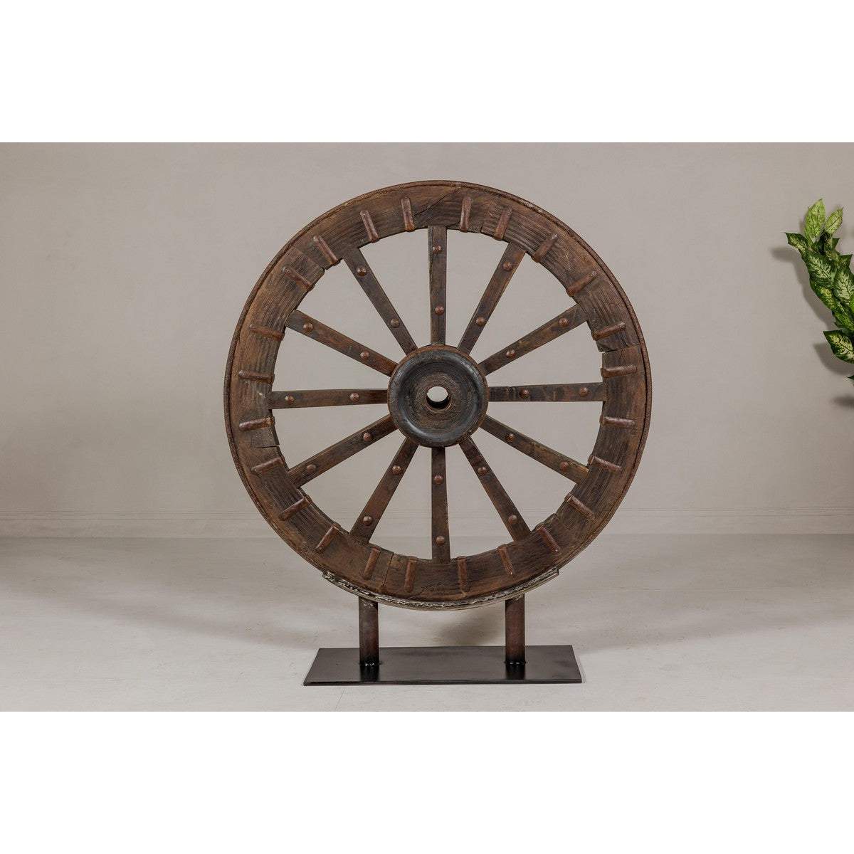 Antique Mounted Wood and Metal Wheel Welded to a Custom Metal Base-4. Asian & Chinese Furniture, Art, Antiques, Vintage Home Décor for sale at FEA Home