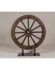 Antique Mounted Wood and Metal Wheel Welded to a Custom Metal Base-4. Asian & Chinese Furniture, Art, Antiques, Vintage Home Décor for sale at FEA Home