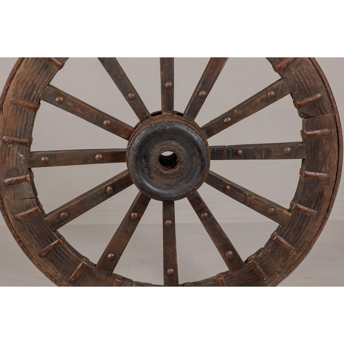 Antique Mounted Wood and Metal Wheel Welded to a Custom Metal Base-6. Asian & Chinese Furniture, Art, Antiques, Vintage Home Décor for sale at FEA Home