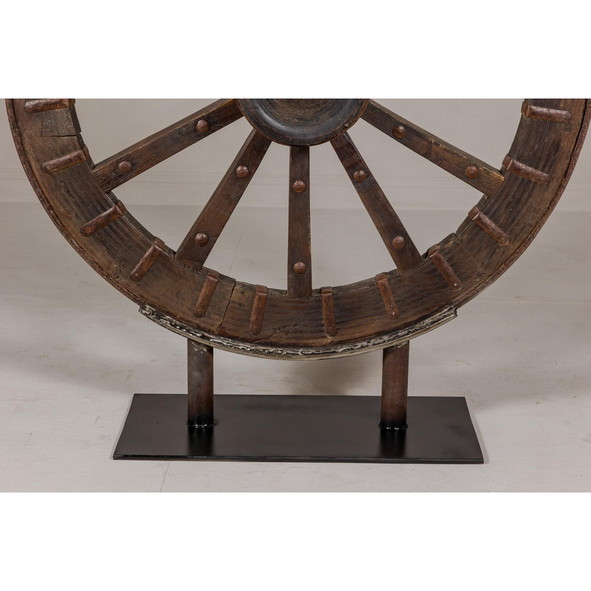 Antique Mounted Wood and Metal Wheel Welded to a Custom Metal Base-7. Asian & Chinese Furniture, Art, Antiques, Vintage Home Décor for sale at FEA Home