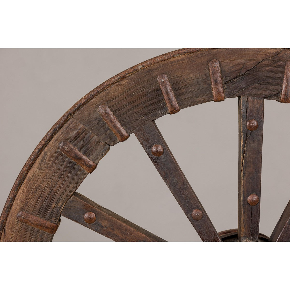 Antique Mounted Wood and Metal Wheel Welded to a Custom Metal Base-9. Asian & Chinese Furniture, Art, Antiques, Vintage Home Décor for sale at FEA Home