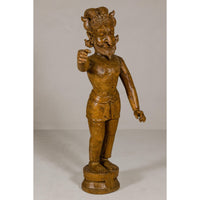 Large Antique Indian Carved Wood Mogul Standing Figure with Extended Arms