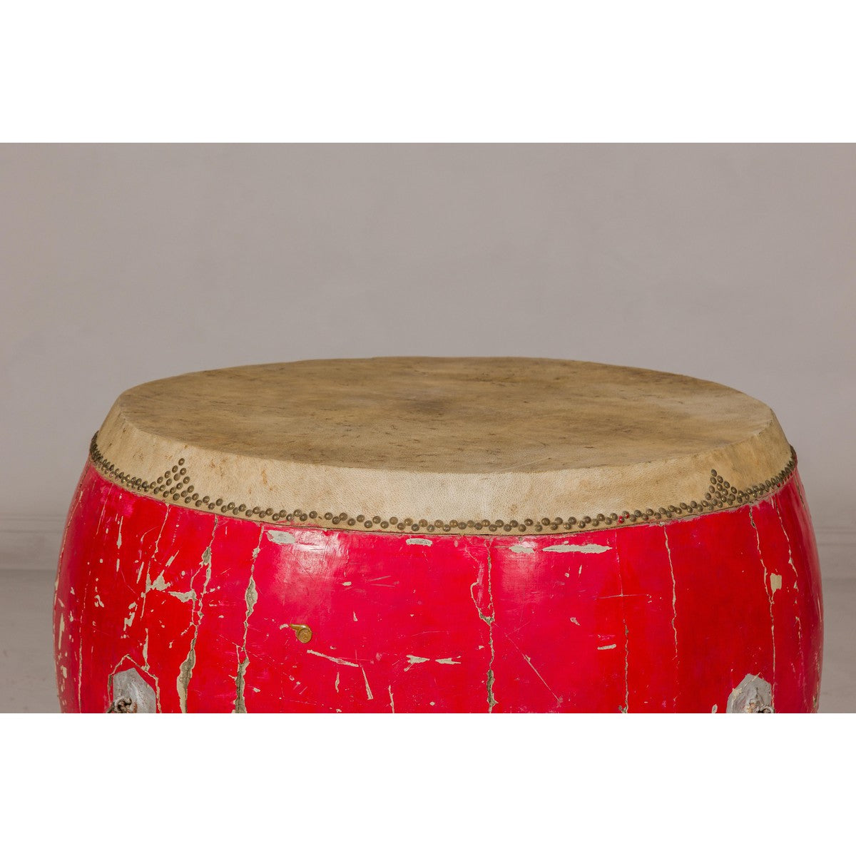 Red Lacquered Qing Dynasty Opera Drum End Table with Hide Top and Brass Studs-9. Asian & Chinese Furniture, Art, Antiques, Vintage Home Décor for sale at FEA Home