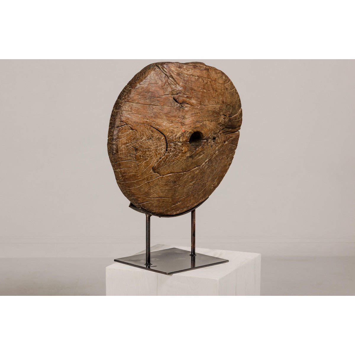 Ancient Rustic Cart Wheel Mounted on Black Lacquer Base, Weathered Patina-10. Asian & Chinese Furniture, Art, Antiques, Vintage Home Décor for sale at FEA Home
