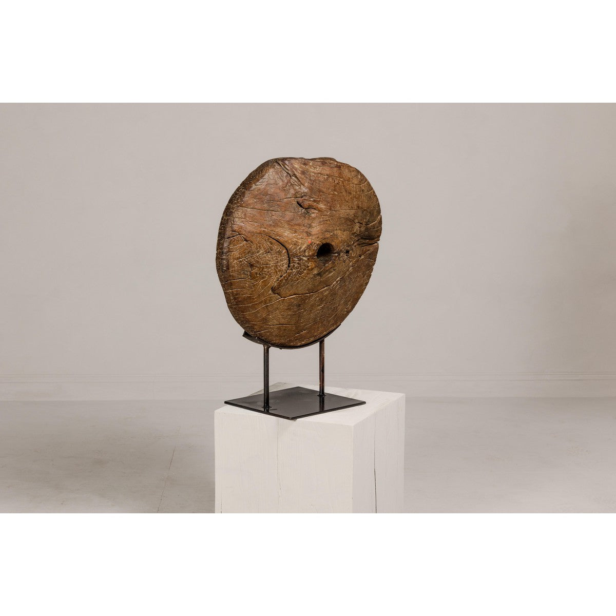 Ancient Rustic Cart Wheel Mounted on Black Lacquer Base, Weathered Patina-11. Asian & Chinese Furniture, Art, Antiques, Vintage Home Décor for sale at FEA Home