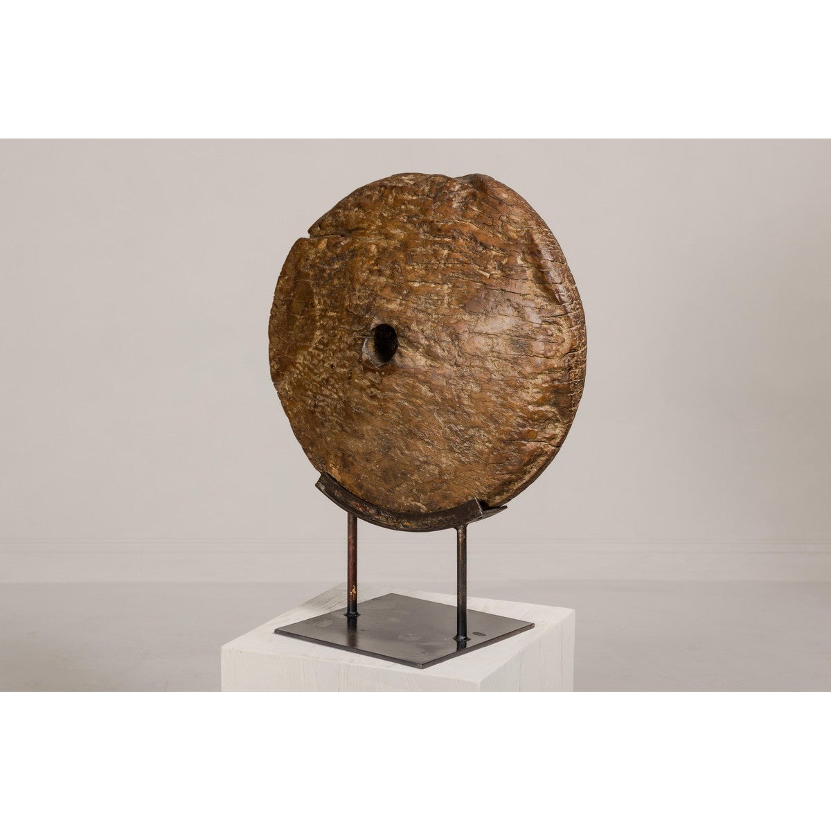 Ancient Rustic Cart Wheel Mounted on Black Lacquer Base, Weathered Patina-14. Asian & Chinese Furniture, Art, Antiques, Vintage Home Décor for sale at FEA Home