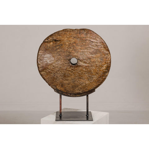 Ancient Rustic Cart Wheel Mounted on Black Lacquer Base, Weathered Patina-YN8056-15. Asian & Chinese Furniture, Art, Antiques, Vintage Home Décor for sale at FEA Home