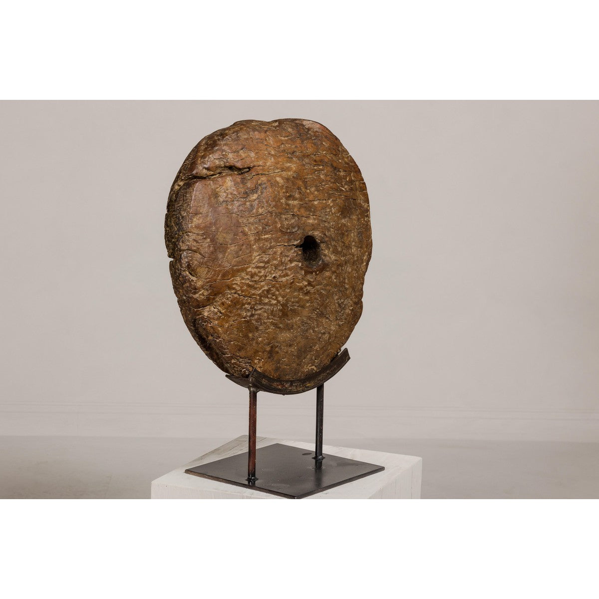 Ancient Rustic Cart Wheel Mounted on Black Lacquer Base, Weathered Patina-16. Asian & Chinese Furniture, Art, Antiques, Vintage Home Décor for sale at FEA Home