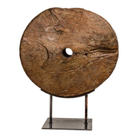 Ancient Rustic Cart Wheel Mounted on Black Lacquer Base, Weathered Patina
