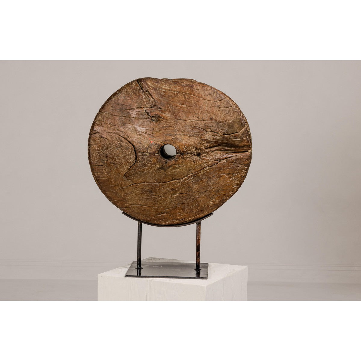 Ancient Rustic Cart Wheel Mounted on Black Lacquer Base, Weathered Patina-3. Asian & Chinese Furniture, Art, Antiques, Vintage Home Décor for sale at FEA Home