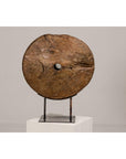 Ancient Rustic Cart Wheel Mounted on Black Lacquer Base, Weathered Patina-3. Asian & Chinese Furniture, Art, Antiques, Vintage Home Décor for sale at FEA Home
