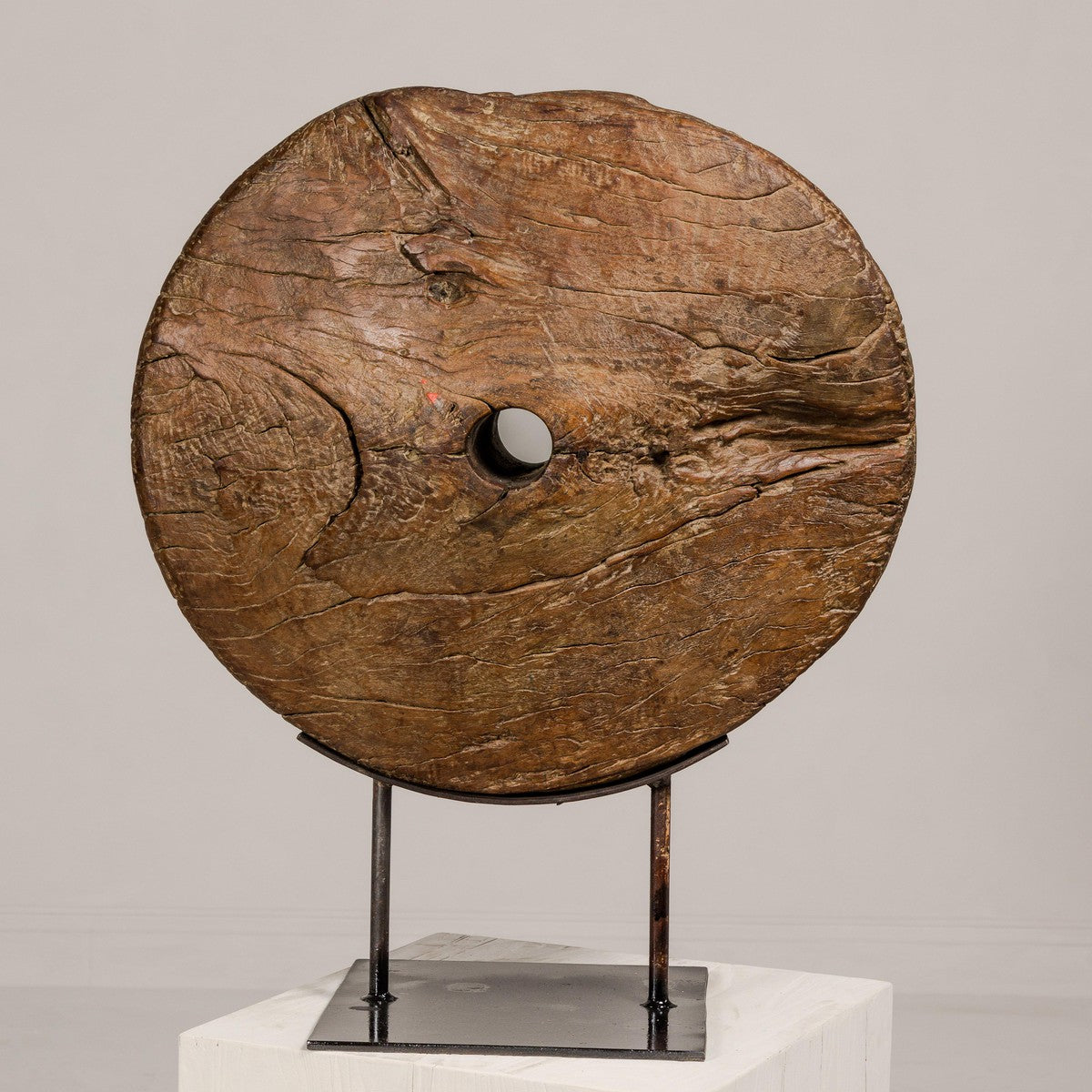 Ancient Rustic Cart Wheel Mounted on Black Lacquer Base, Weathered Patina-4. Asian & Chinese Furniture, Art, Antiques, Vintage Home Décor for sale at FEA Home