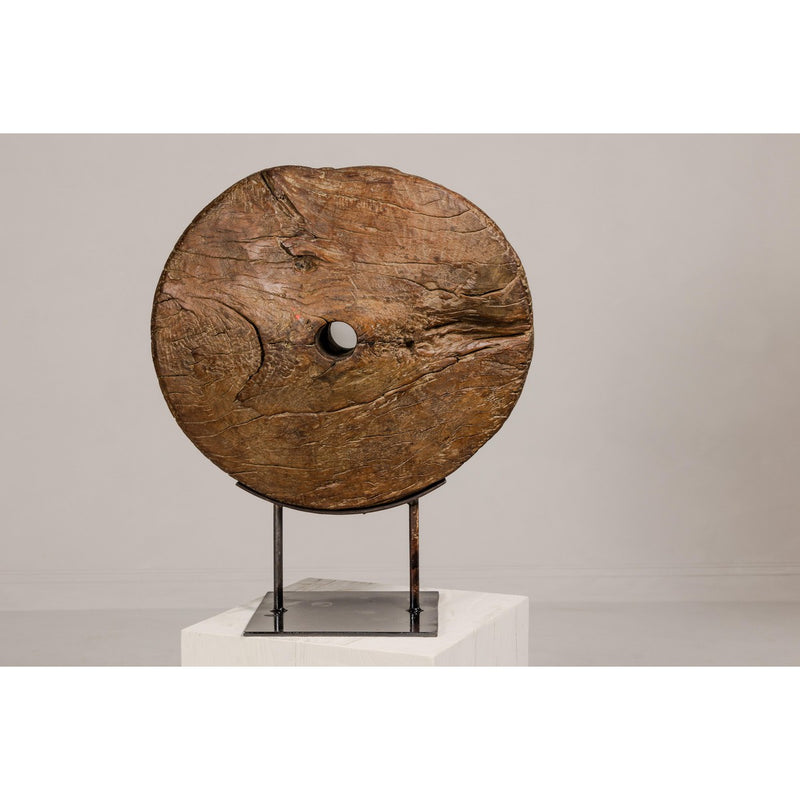Ancient Rustic Cart Wheel Mounted on Black Lacquer Base, Weathered Patina-YN8056-5. Asian & Chinese Furniture, Art, Antiques, Vintage Home Décor for sale at FEA Home