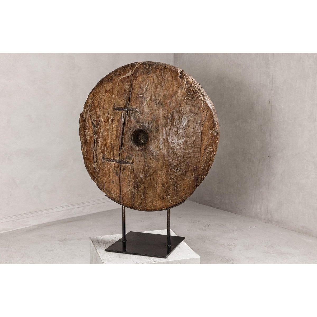 Ancient Cart Wheel Mounted on Black Lacquer Base with Rustic Character-11. Asian & Chinese Furniture, Art, Antiques, Vintage Home Décor for sale at FEA Home