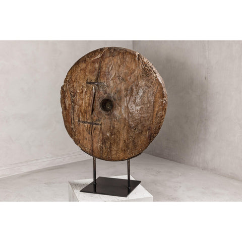 Ancient Cart Wheel Mounted on Black Lacquer Base with Rustic Character-YN8057-11. Asian & Chinese Furniture, Art, Antiques, Vintage Home Décor for sale at FEA Home