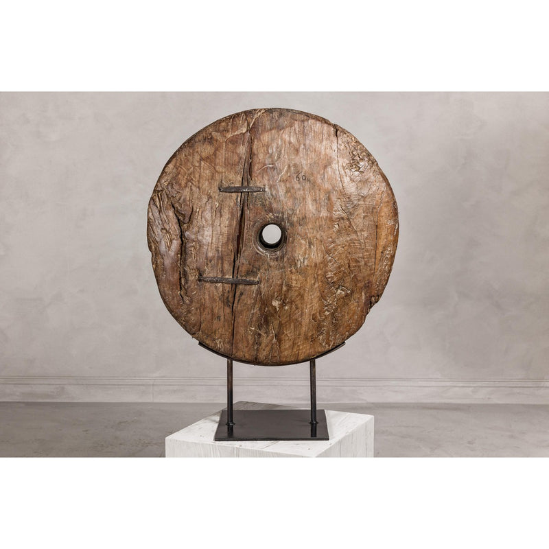 Ancient Cart Wheel Mounted on Black Lacquer Base with Rustic Character-YN8057-12. Asian & Chinese Furniture, Art, Antiques, Vintage Home Décor for sale at FEA Home