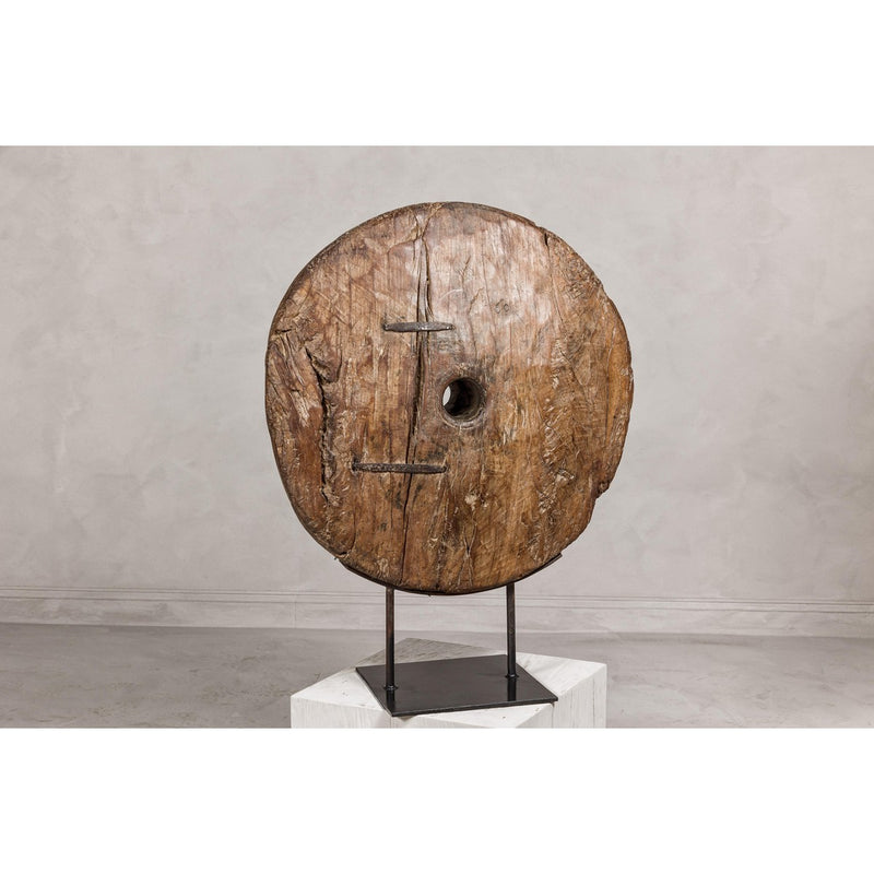 Ancient Cart Wheel Mounted on Black Lacquer Base with Rustic Character-YN8057-15. Asian & Chinese Furniture, Art, Antiques, Vintage Home Décor for sale at FEA Home