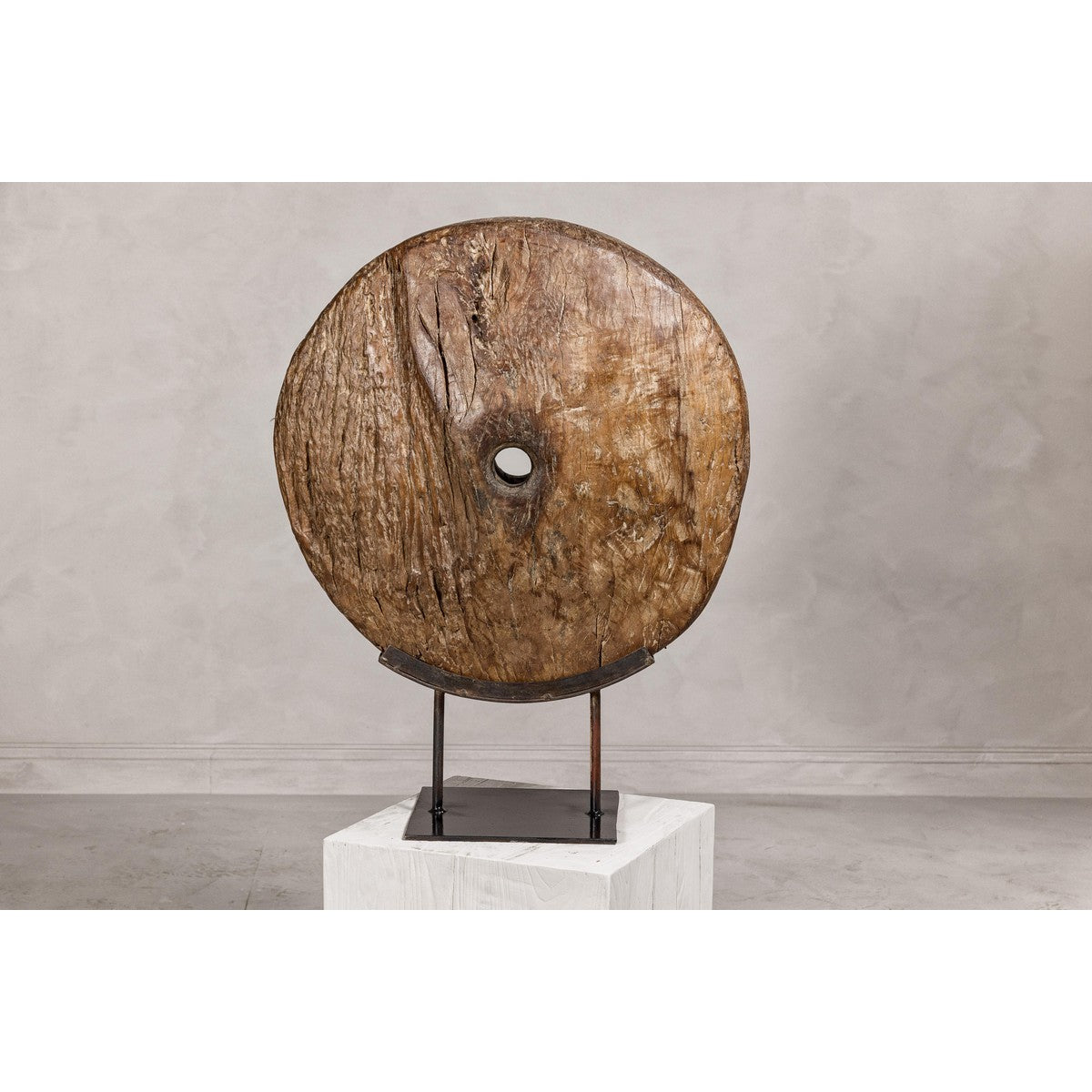 Ancient Cart Wheel Mounted on Black Lacquer Base with Rustic Character-2. Asian & Chinese Furniture, Art, Antiques, Vintage Home Décor for sale at FEA Home