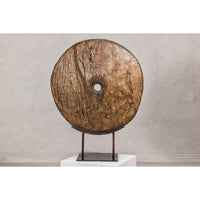 Ancient Cart Wheel Mounted on Black Lacquer Base with Rustic Character
