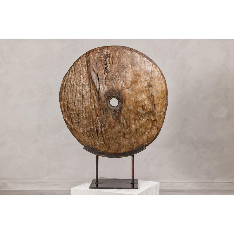 Ancient Cart Wheel Mounted on Black Lacquer Base with Rustic Character-YN8057-3. Asian & Chinese Furniture, Art, Antiques, Vintage Home Décor for sale at FEA Home