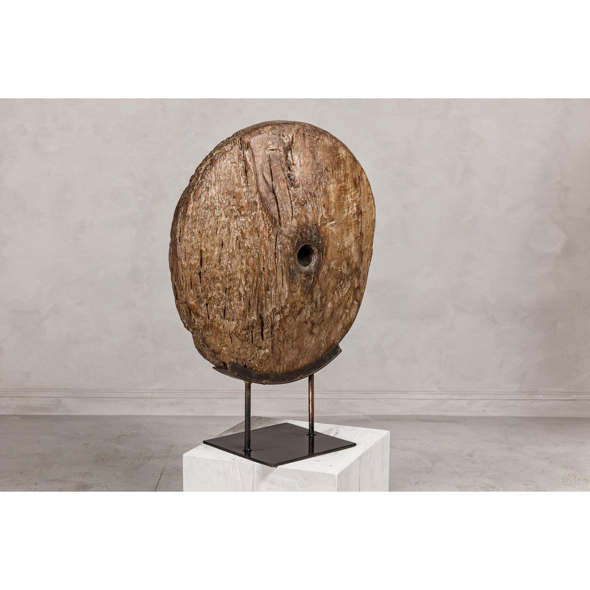 Ancient Cart Wheel Mounted on Black Lacquer Base with Rustic Character-8. Asian & Chinese Furniture, Art, Antiques, Vintage Home Décor for sale at FEA Home