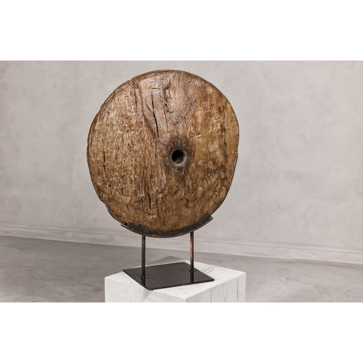 Ancient Cart Wheel Mounted on Black Lacquer Base with Rustic Character-9. Asian & Chinese Furniture, Art, Antiques, Vintage Home Décor for sale at FEA Home