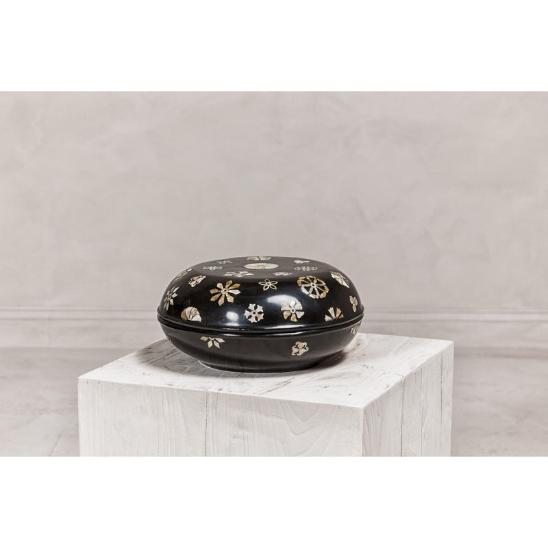 Black Lacquered Lidded Circular Box with Mother of Pearl Floral Décor-YN8058-10. Asian & Chinese Furniture, Art, Antiques, Vintage Home Décor for sale at FEA Home