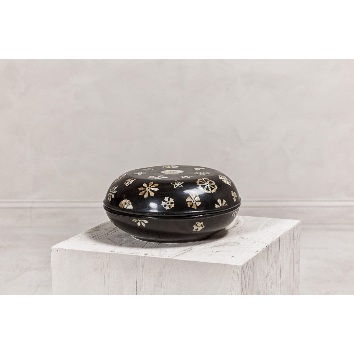 Black Lacquered Lidded Circular Box with Mother of Pearl Floral Décor-11. Asian & Chinese Furniture, Art, Antiques, Vintage Home Décor for sale at FEA Home