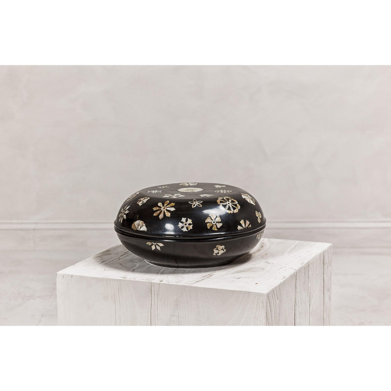 Black Lacquered Lidded Circular Box with Mother of Pearl Floral Décor-YN8058-11. Asian & Chinese Furniture, Art, Antiques, Vintage Home Décor for sale at FEA Home