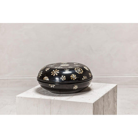 Black Lacquered Lidded Circular Box with Mother of Pearl Floral Décor-YN8058-12. Asian & Chinese Furniture, Art, Antiques, Vintage Home Décor for sale at FEA Home
