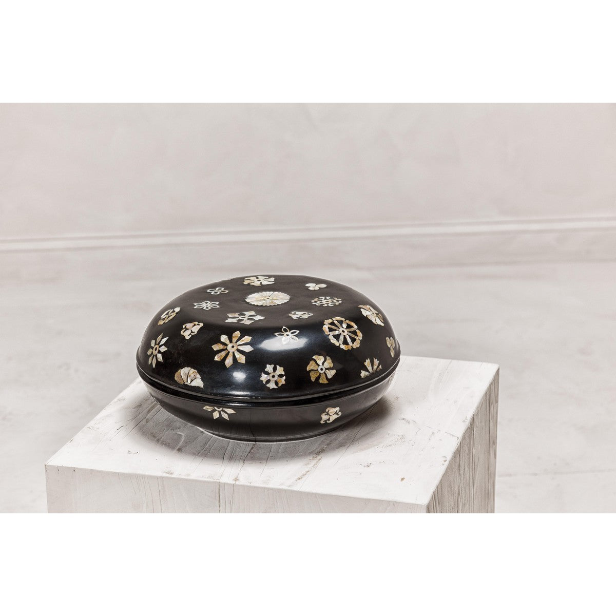 Black Lacquered Lidded Circular Box with Mother of Pearl Floral Décor-13. Asian & Chinese Furniture, Art, Antiques, Vintage Home Décor for sale at FEA Home