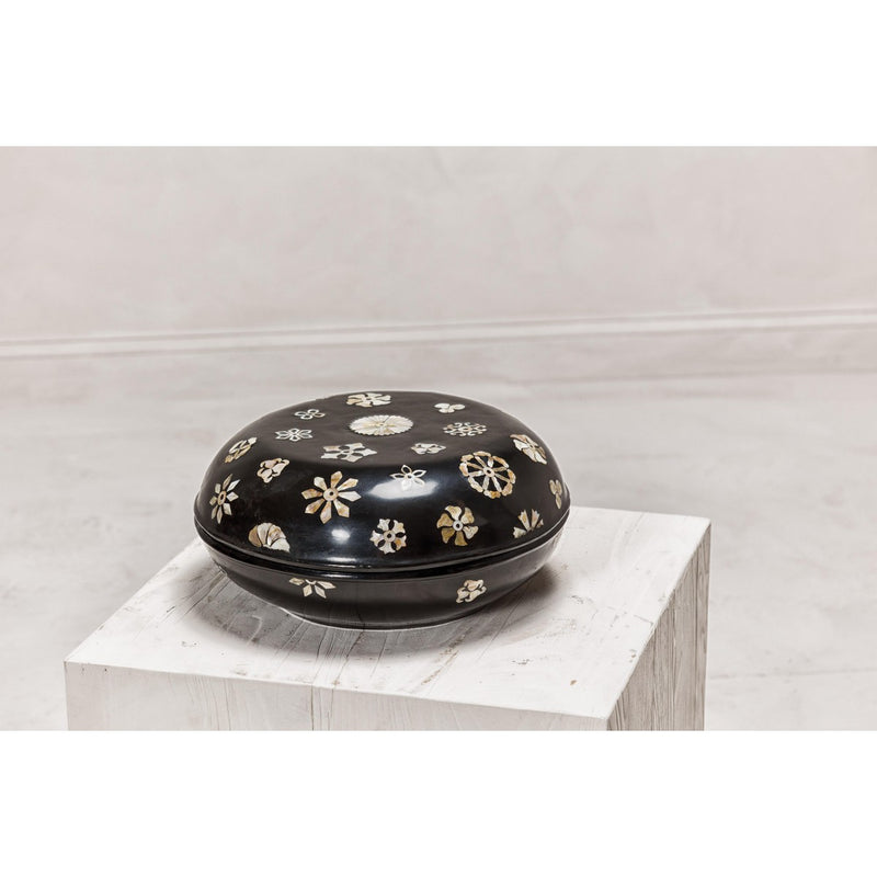 Black Lacquered Lidded Circular Box with Mother of Pearl Floral Décor-YN8058-13. Asian & Chinese Furniture, Art, Antiques, Vintage Home Décor for sale at FEA Home