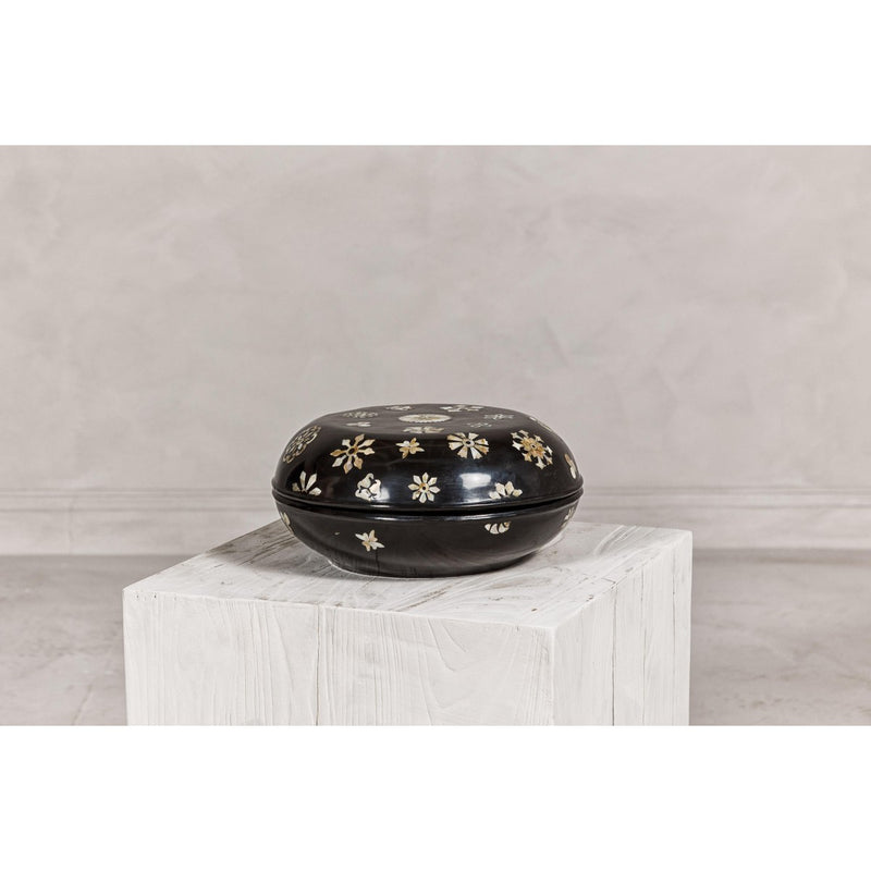Black Lacquered Lidded Circular Box with Mother of Pearl Floral Décor-YN8058-16. Asian & Chinese Furniture, Art, Antiques, Vintage Home Décor for sale at FEA Home