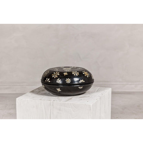 Black Lacquered Lidded Circular Box with Mother of Pearl Floral Décor-YN8058-17. Asian & Chinese Furniture, Art, Antiques, Vintage Home Décor for sale at FEA Home