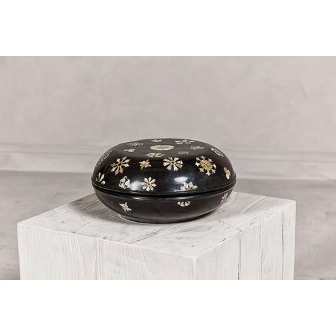 Black Lacquered Lidded Circular Box with Mother of Pearl Floral Décor-YN8058-18. Asian & Chinese Furniture, Art, Antiques, Vintage Home Décor for sale at FEA Home