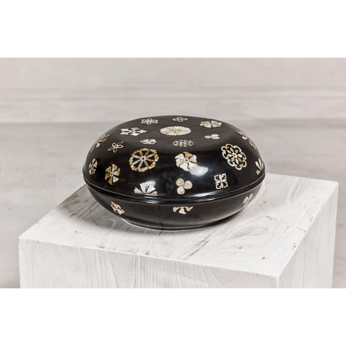 Black Lacquered Lidded Circular Box with Mother of Pearl Floral Décor-2. Asian & Chinese Furniture, Art, Antiques, Vintage Home Décor for sale at FEA Home