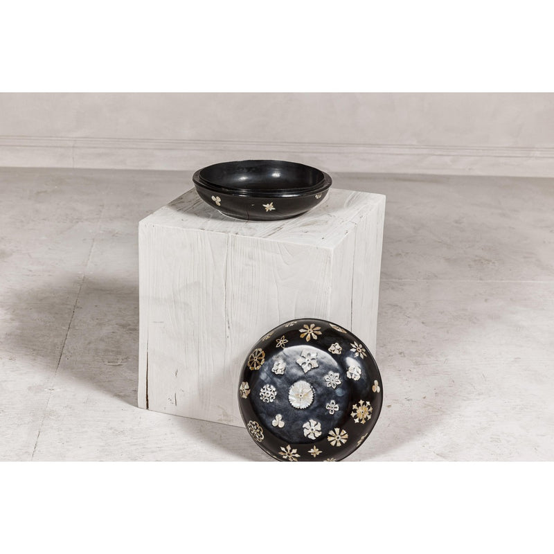 Black Lacquered Lidded Circular Box with Mother of Pearl Floral Décor-YN8058-20. Asian & Chinese Furniture, Art, Antiques, Vintage Home Décor for sale at FEA Home