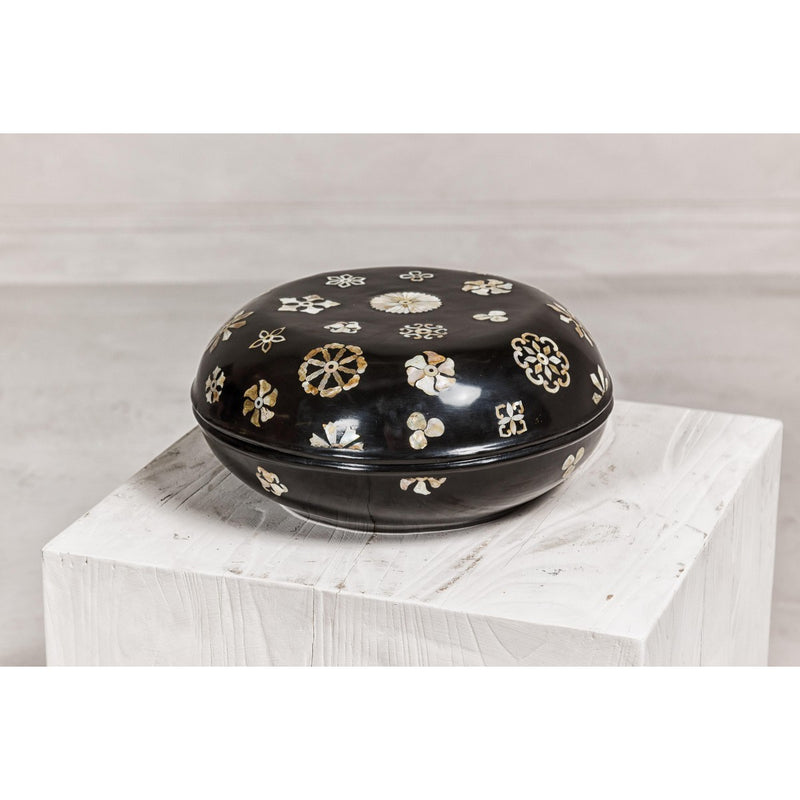 Black Lacquered Lidded Circular Box with Mother of Pearl Floral Décor-YN8058-2. Asian & Chinese Furniture, Art, Antiques, Vintage Home Décor for sale at FEA Home