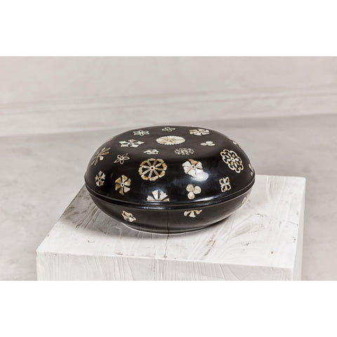 Black Lacquered Lidded Circular Box with Mother of Pearl Floral Décor-YN8058-3. Asian & Chinese Furniture, Art, Antiques, Vintage Home Décor for sale at FEA Home