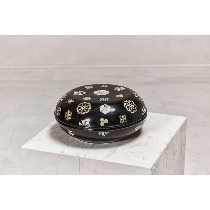 Black Lacquered Lidded Circular Box with Mother of Pearl Floral Décor-YN8058-4. Asian & Chinese Furniture, Art, Antiques, Vintage Home Décor for sale at FEA Home