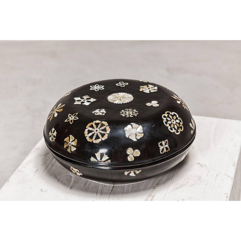 Black Lacquered Lidded Circular Box with Mother of Pearl Floral Décor-YN8058-6. Asian & Chinese Furniture, Art, Antiques, Vintage Home Décor for sale at FEA Home