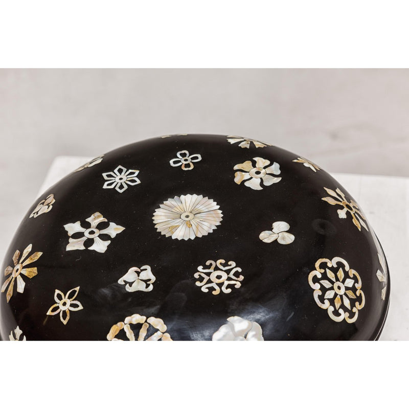 Black Lacquered Lidded Circular Box with Mother of Pearl Floral Décor-YN8058-7. Asian & Chinese Furniture, Art, Antiques, Vintage Home Décor for sale at FEA Home