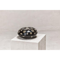 Black Lacquered Lidded Circular Box with Mother of Pearl Floral Décor