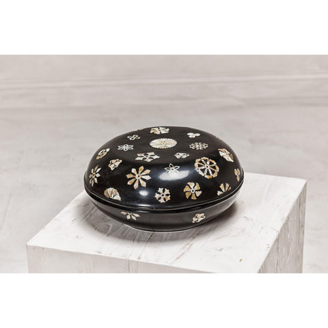 Black Lacquered Lidded Circular Box with Mother of Pearl Floral Décor-YN8058-9. Asian & Chinese Furniture, Art, Antiques, Vintage Home Décor for sale at FEA Home