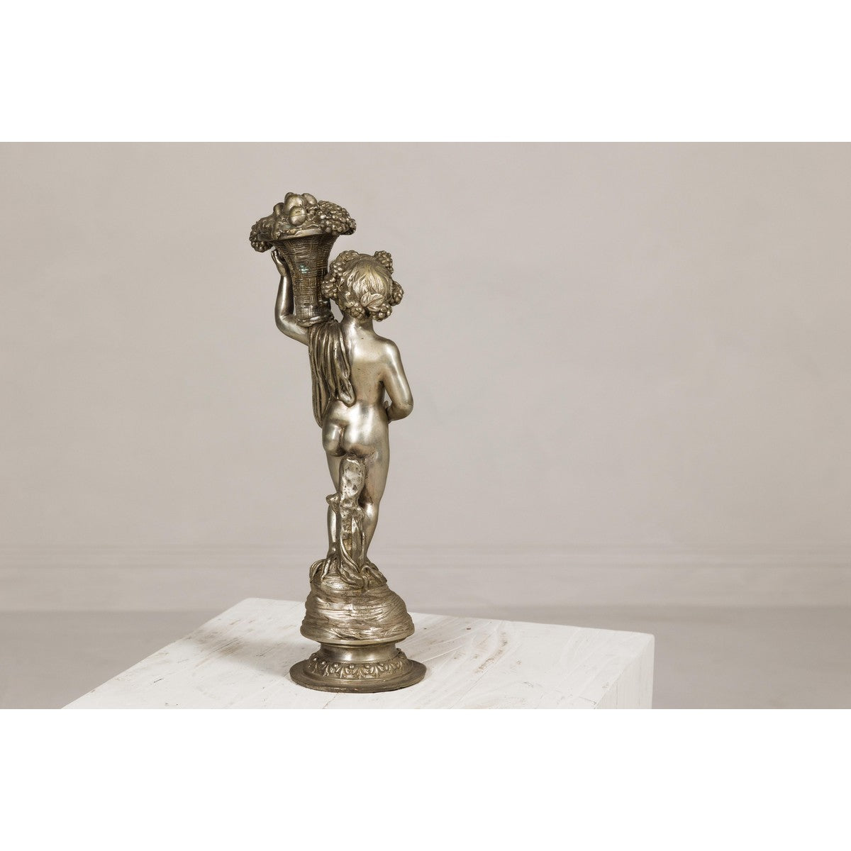 Baroque Style Silvered Bronze Statuette of a Putto Carrying a Fruit Basket-11. Asian & Chinese Furniture, Art, Antiques, Vintage Home Décor for sale at FEA Home