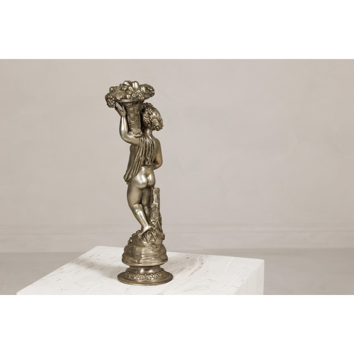 Baroque Style Silvered Bronze Statuette of a Putto Carrying a Fruit Basket-12. Asian & Chinese Furniture, Art, Antiques, Vintage Home Décor for sale at FEA Home
